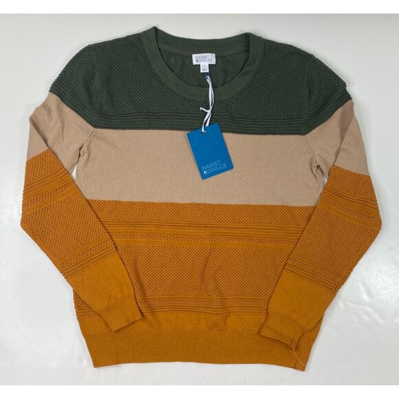 Market & Spruce Womens Olive Tan Mustard Color Block Textured Sweater Size L - Picture 1 of 5